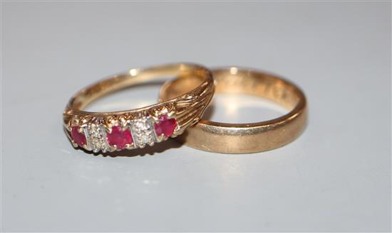 A 9ct gold, ruby and small diamond set ring and a 9ct gold wedding ring, Total weight approx 5.4g